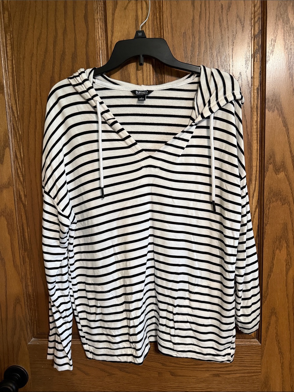 Buffalo David Bitton Black & White Striped V-Neck Hoodie Top